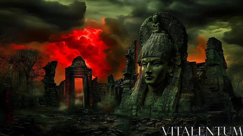 Mysterious Ancient Ruins with Massive Stone Statue AI Image