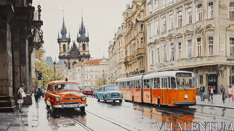 AI ART Historic European City with Vintage Cars and Tram