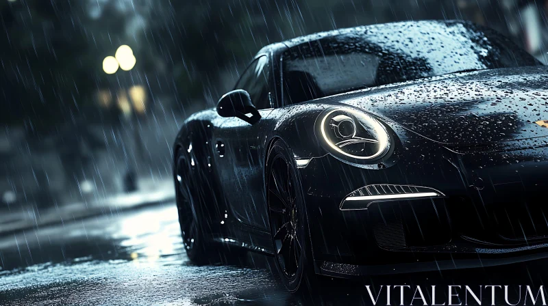 Black Sports Car on a Rainy Night AI Image