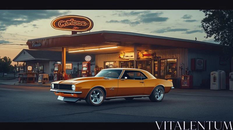 Retro Muscle Car at Dusk Gas Station AI Image