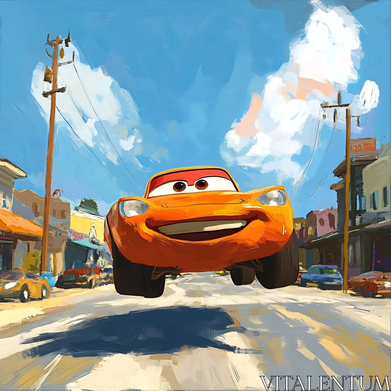 Animated Orange Car Mid-Jump on Vibrant Street AI Image