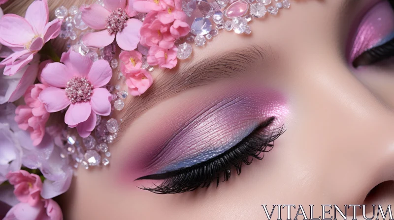 Captivating Woman with Pink Flowers and Blue Eye Shadow AI Image