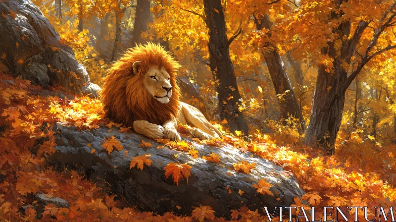 AI ART Regal Lion Resting in Fall Foliage