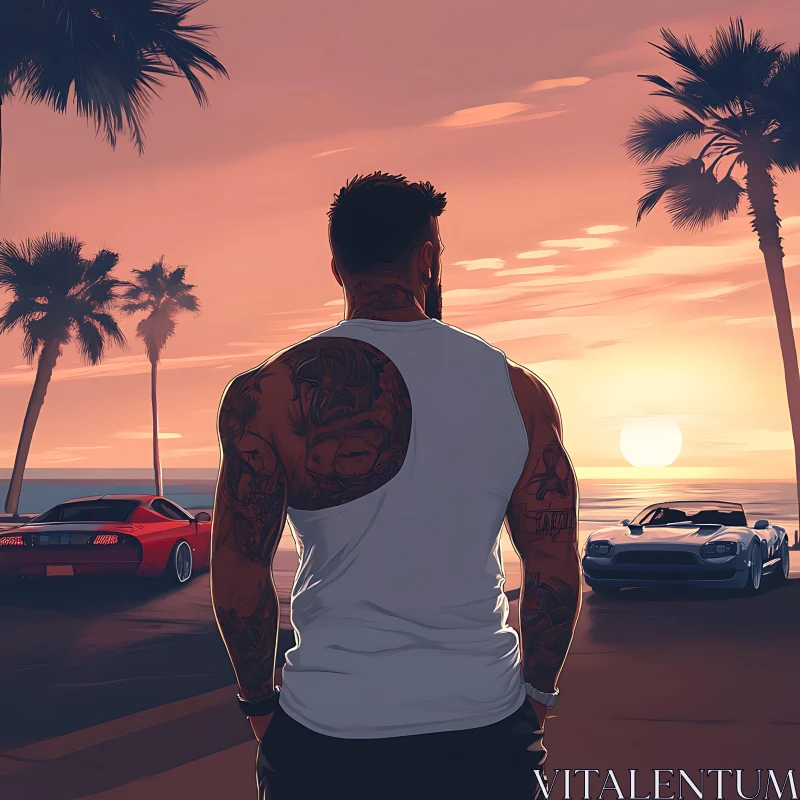 Sunset Scene with Tattooed Man and Cars AI Image