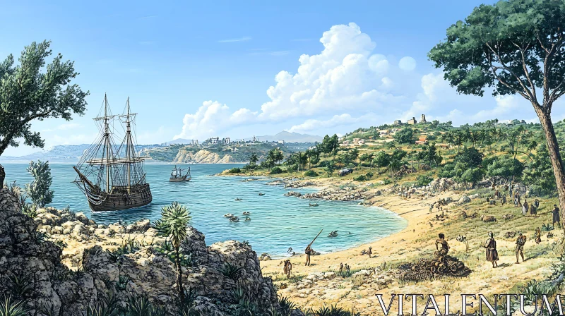 Historic Seaside Landscape with Anchored Ships AI Image