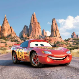 Cheerful Animated Race Car with Towering Rocks