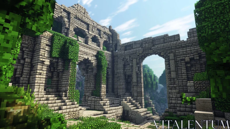 Overgrown Ancient Ruins in a Lush Landscape AI Image