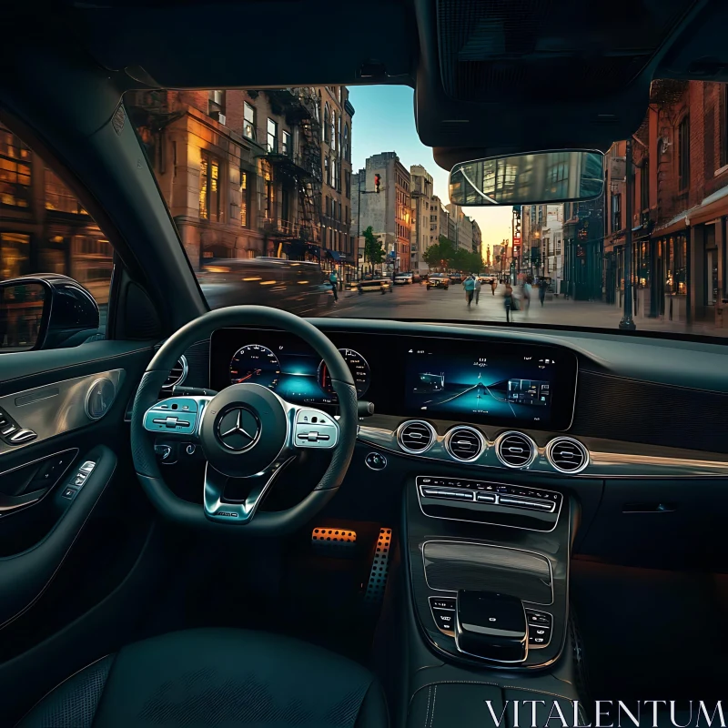 High-End Car Interior Overlooking Urban Street AI Image