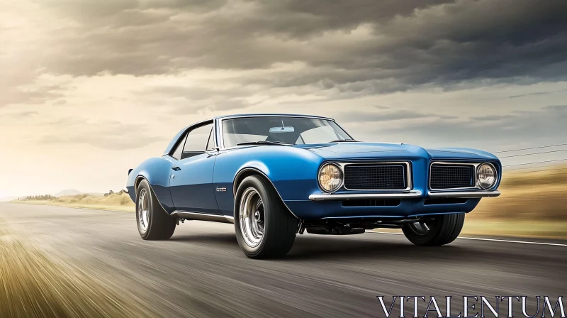 Vintage Blue Muscle Car in Motion AI Image