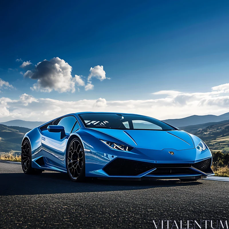 Luxury Blue Sports Car in Picturesque Setting AI Image