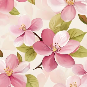 Pink Floral Art with Green Leaves