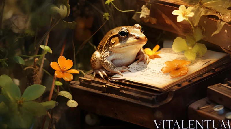 Enchanting Realm: Frog amid Old Book and Flowers AI Image