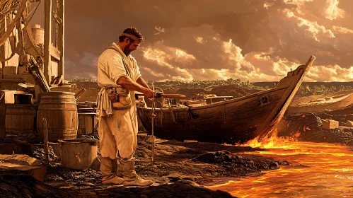 Worker and Boat Near Lava River at Sunset