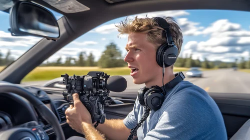 Young Man Recording Video in Moving Car with Professional Gear
