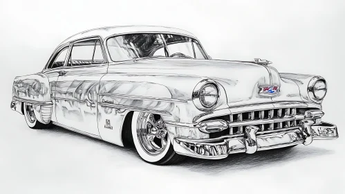 Vintage Car Sketch with Chrome Detailing and White Wall Tires