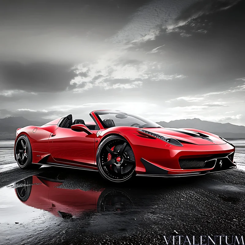 Sleek Red Convertible Sports Car in Wet Landscape Sleek Red Convertible Sports Car in Wet Landscape