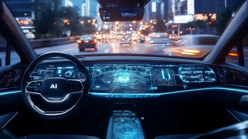 Advanced AI Car Dashboard in Night City Traffic