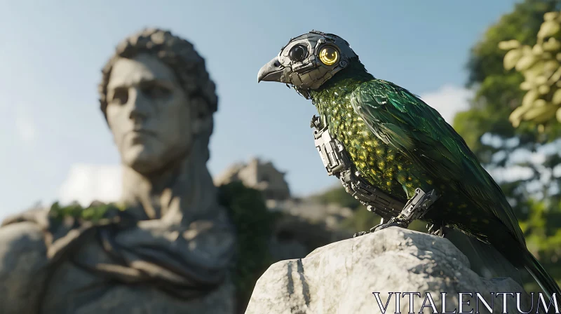 Cyborg Bird and Ancient Sculpture in Nature Cyborg Bird and Ancient Sculpture in Nature
