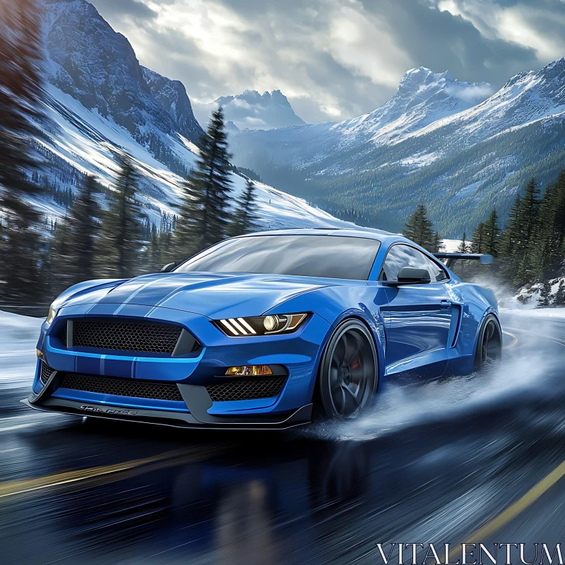 Blue Sports Car on Snowy Mountain Routes Blue Sports Car on Snowy Mountain Routes
