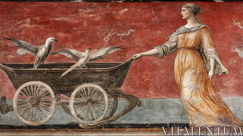 Historical Fresco of Woman and Birds AI Image