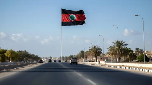 City Road with Flag and Palm Trees