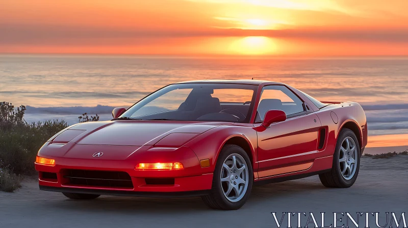 Sleek Red Car with Ocean Sunset