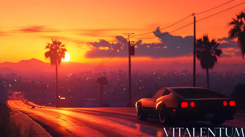 Classic Car at Sunset with Cityscape and Palm Trees Classic Car at Sunset with Cityscape and Palm Trees