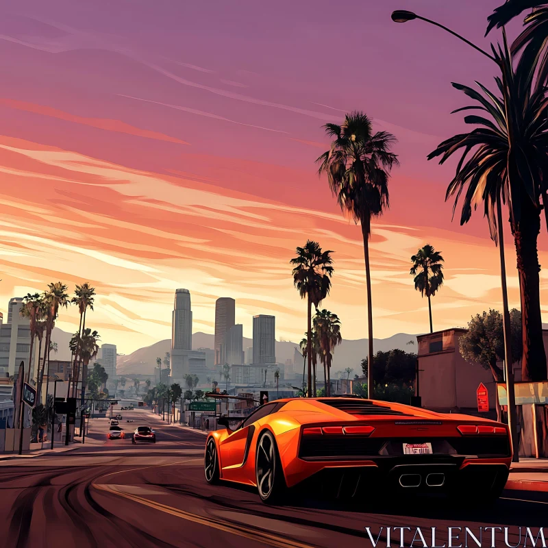 Urban Sunset with Orange Sports Car and Cityscape AI Image