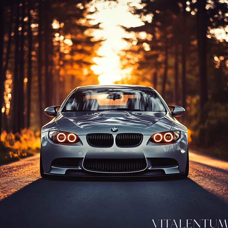 BMW Car at Sunset on a Forest Road