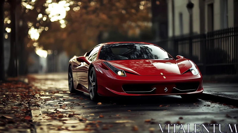 Luxury Red Sports Car in Urban Autumn Setting Luxury Red Sports Car in Urban Autumn Setting