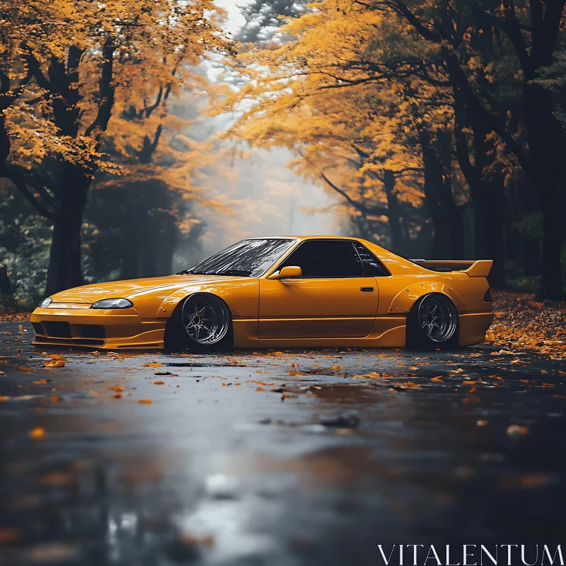 Sporty Yellow Car Among Autumn Leaves Sporty Yellow Car Among Autumn Leaves