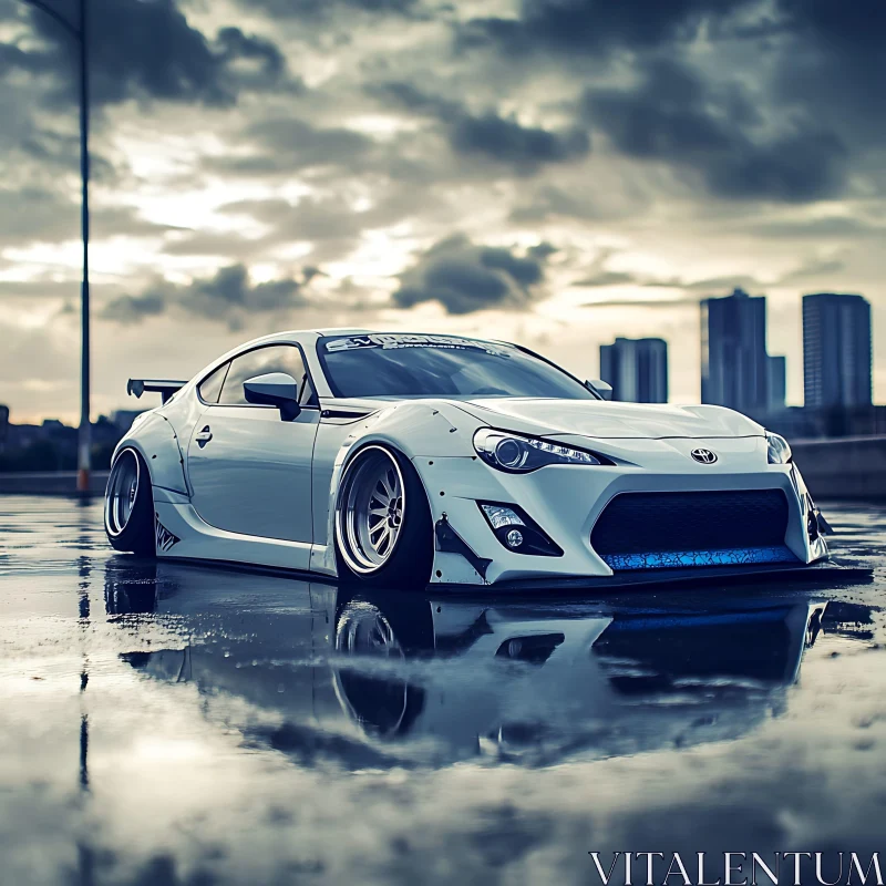 Reflective White Sports Car with City Background Reflective White Sports Car with City Background