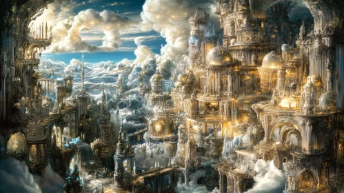 Magical Fantasy Skyline with Glowing Structures Above Clouds