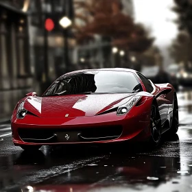 Luxurious Red Sports Car in Drizzling Cityscape