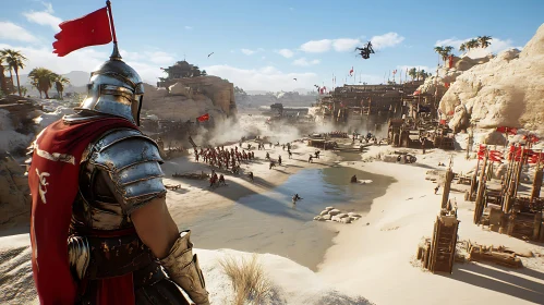 Medieval Warrior Overseeing a Massive Desert Battle