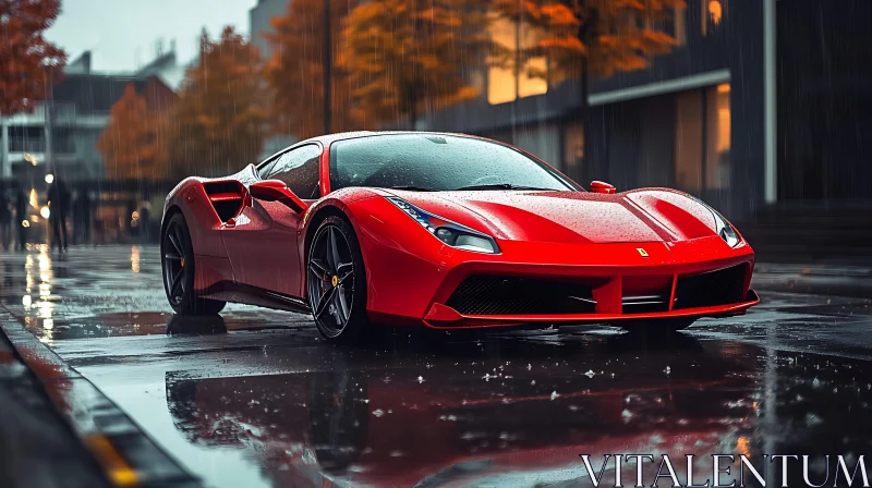 Wet Street with Glossy Red Sportscar Wet Street with Glossy Red Sportscar