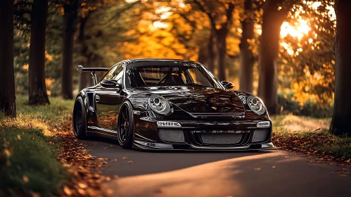 Elegant Black Sports Car in Autumn Forest