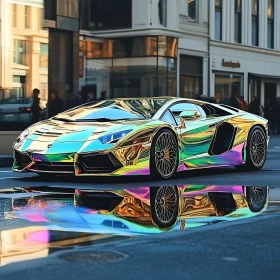 Colorful Sports Car Reflections in Cityscape