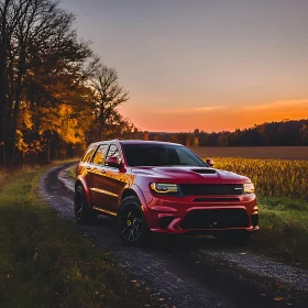Powerful Red SUV Amidst Autumn Scenery