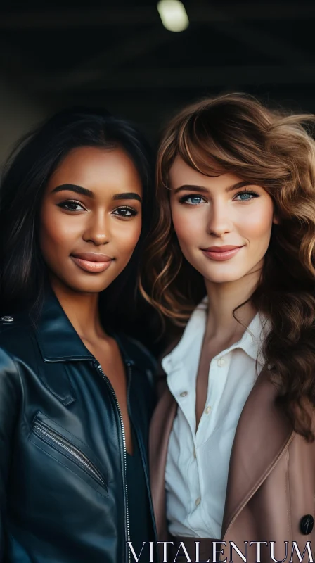 Captivating Portrait of Two African American Women in Leather Jackets AI Image