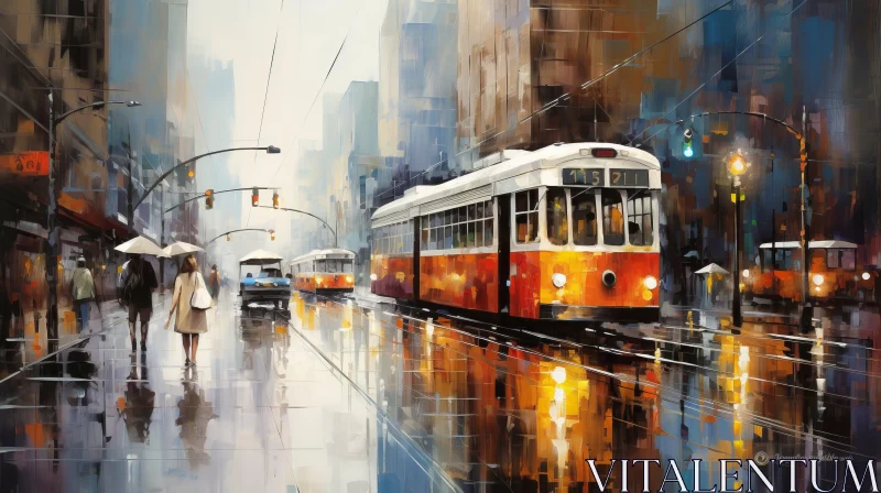 AI ART Cityscape Art: Downtown Tram in Rain, Bronze and Orange Tones