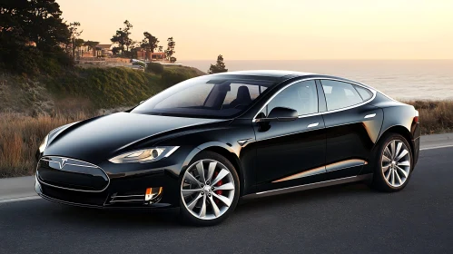Luxurious Black Electric Car by the Coastline