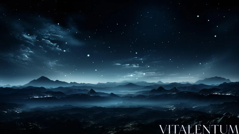 Fantasy Outerspace Landscape: Mountains Under Starlit Sky AI Image