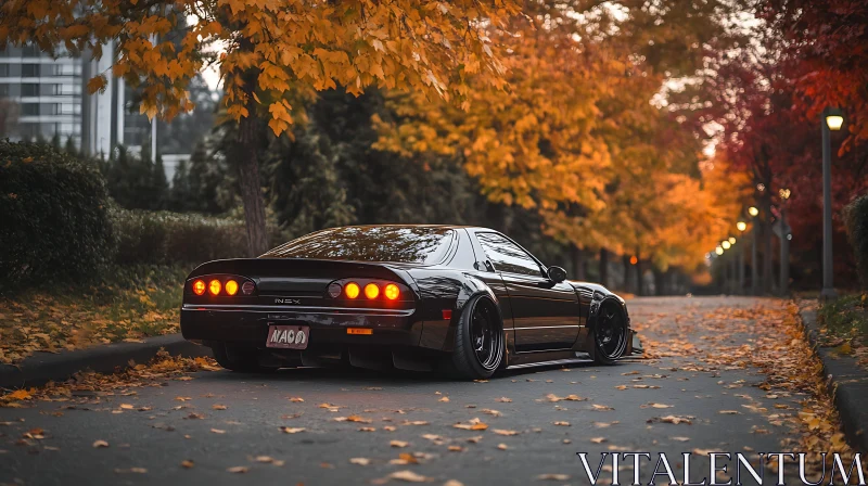 Sports Car Amid Fall Leaves on a Quiet Street AI Image