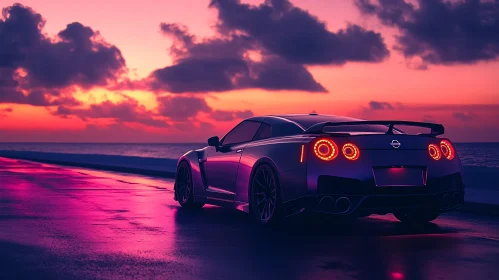 Sunset Drive with a Sleek Car by the Sea