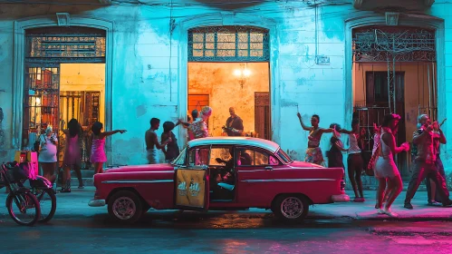 Energetic Night Street Scene with Classic Car