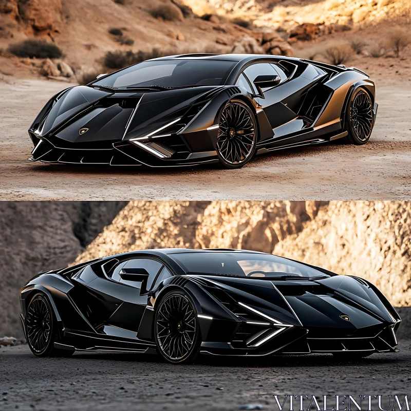 Futuristic Black Sports Car in Arid Landscape AI Image