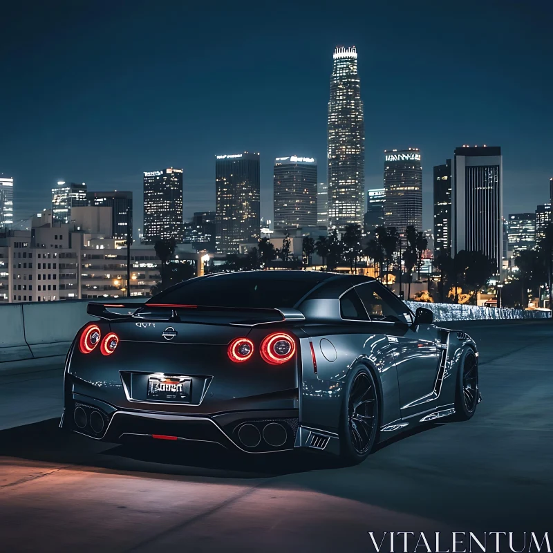 Midnight Rooftop View with Nissan GT-R AI Image