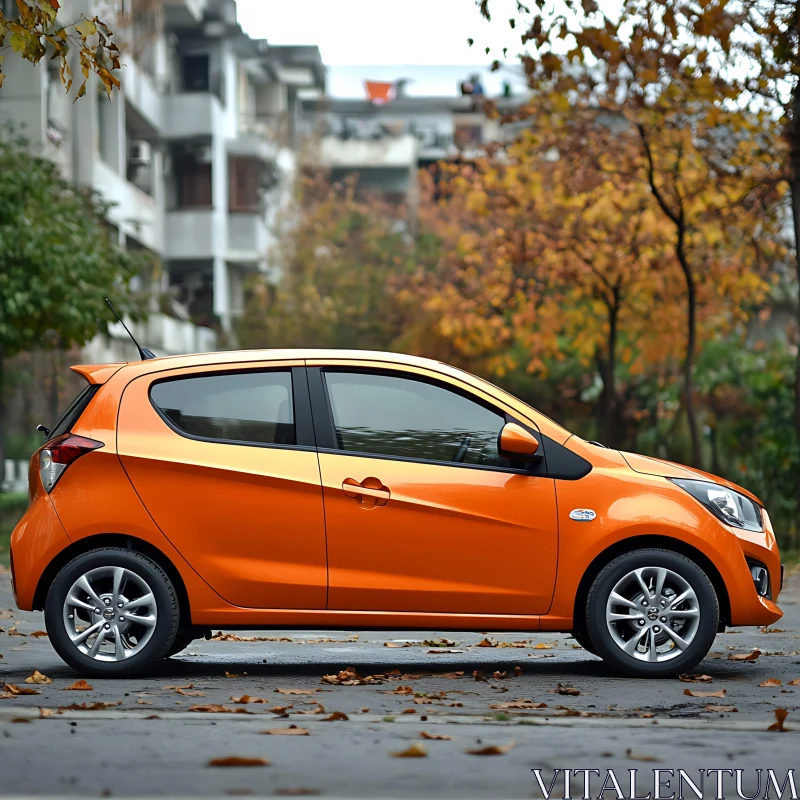 Sleek Orange Car Amidst Autumn Urban Landscape AI Image