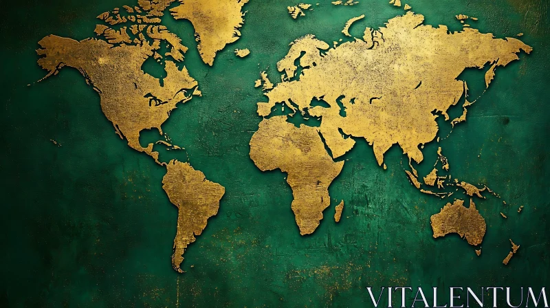 Textured Golden World Map on Green Canvas AI Image